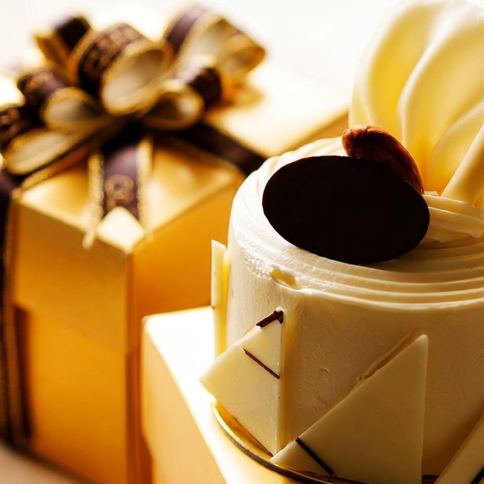Elegant white chocolate dessert topped with chocolate and wafer decorations, beside a wrapped golden gift box.