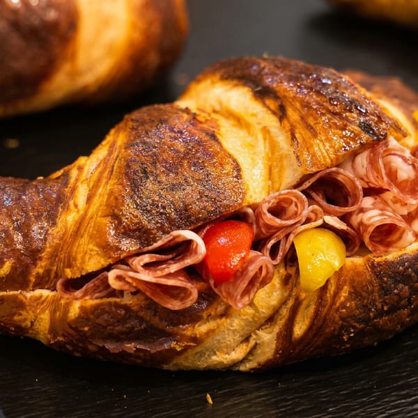 Golden-brown croissant sandwich filled with rolled salami, red and yellow peppers on a dark surface.