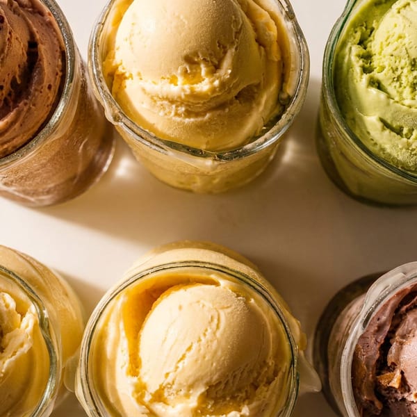 Six scoops of brown, yellow, and green ice cream in glass jars, viewed from above.