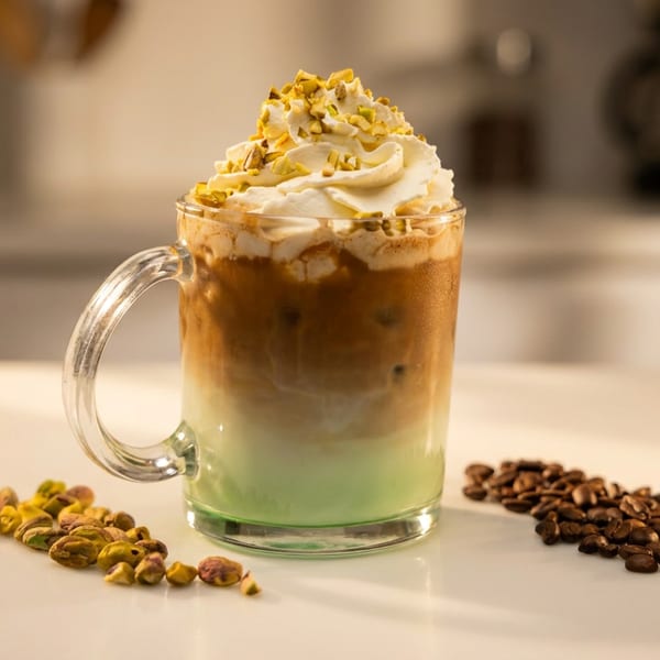 Pistachio iced latte with whipped cream and crushed pistachios, next to coffee beans.
