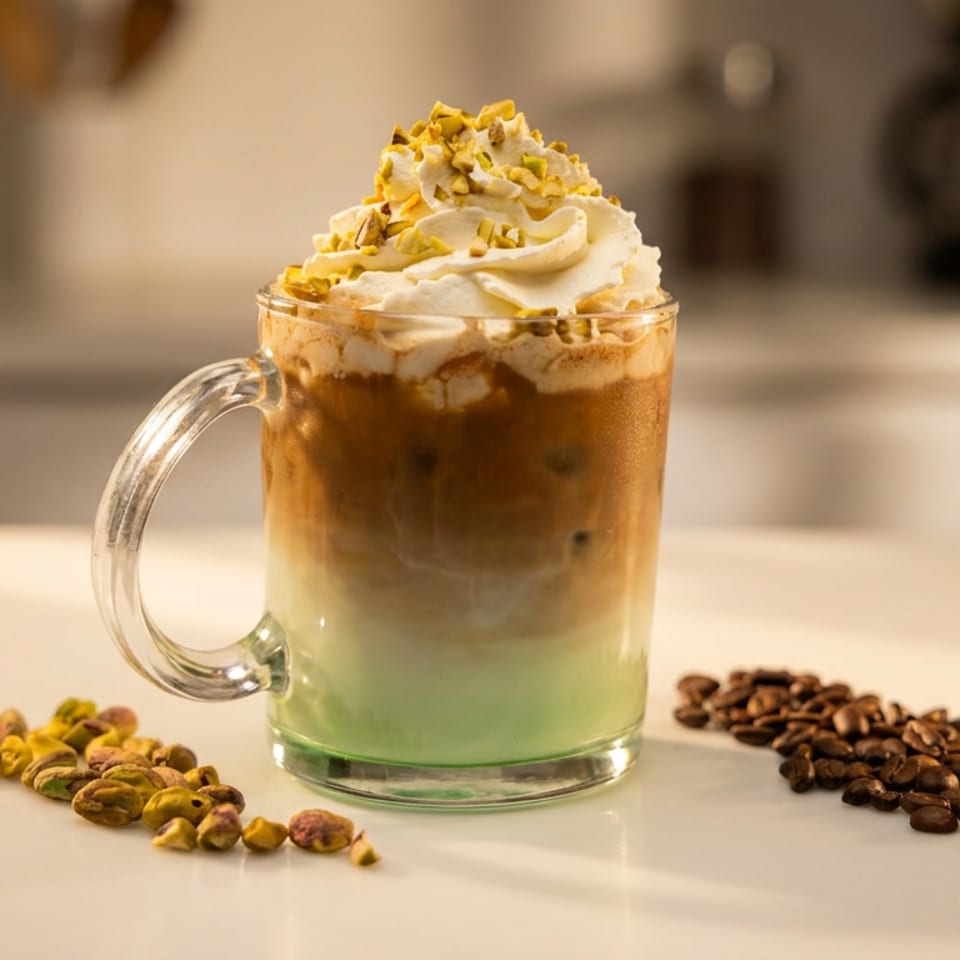Pistachio iced latte with whipped cream and crushed pistachios, next to coffee beans.