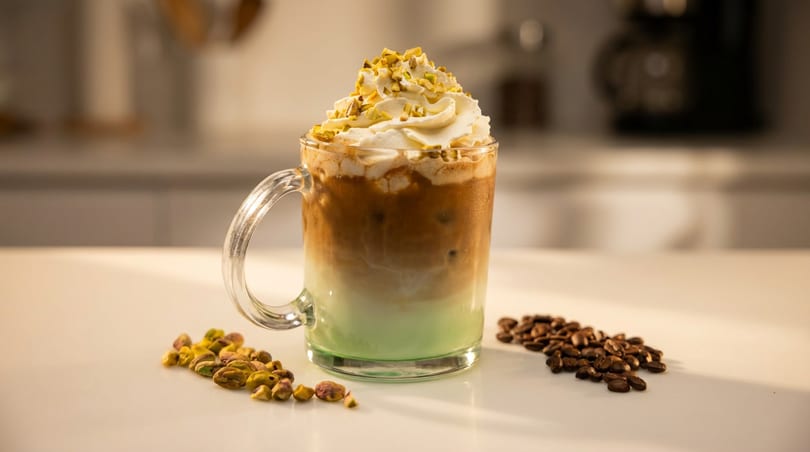 Iced pistachio latte with whipped cream and crushed pistachios, next to coffee beans.