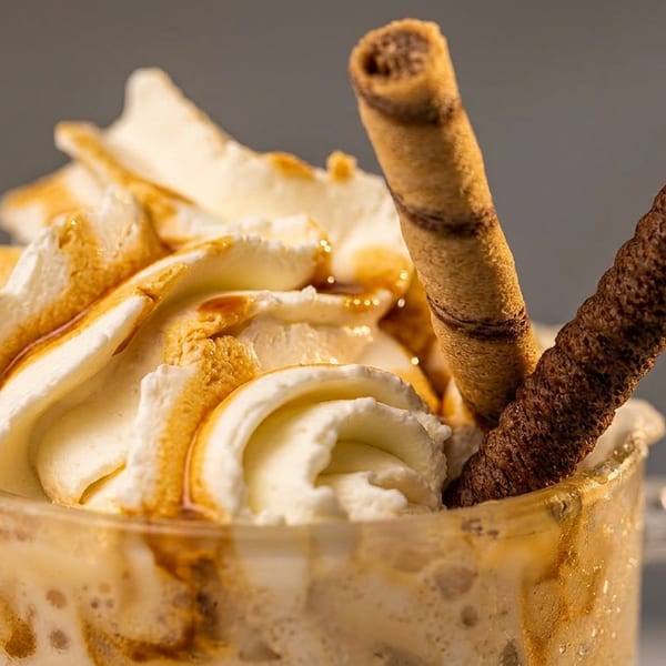 Iced coffee with whipped cream, caramel drizzle, and two wafer cookies in a glass mug.