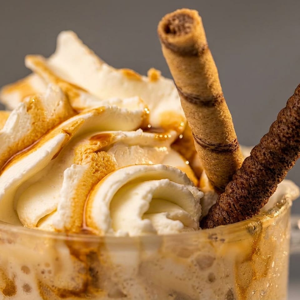 Iced coffee with whipped cream, caramel drizzle, and two wafer cookies in a glass mug.